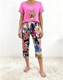Women's Pyjamas Set, Animal Print 2 Piece Set, Cute Short Sleeve Design and Mid-Length Pants for Home