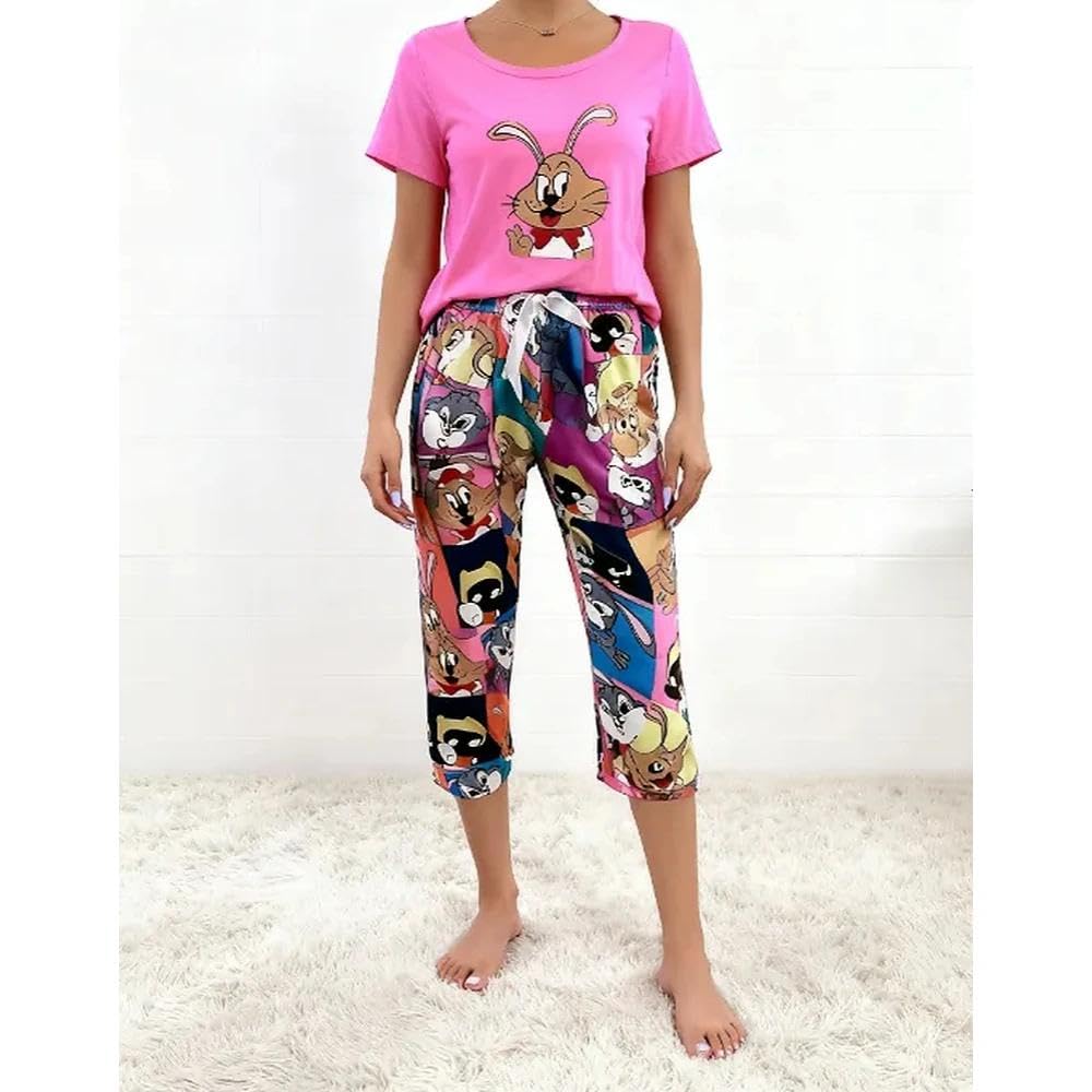 Women's Pyjamas Set, Animal Print 2 Piece Set, Cute Short Sleeve Design and Mid-