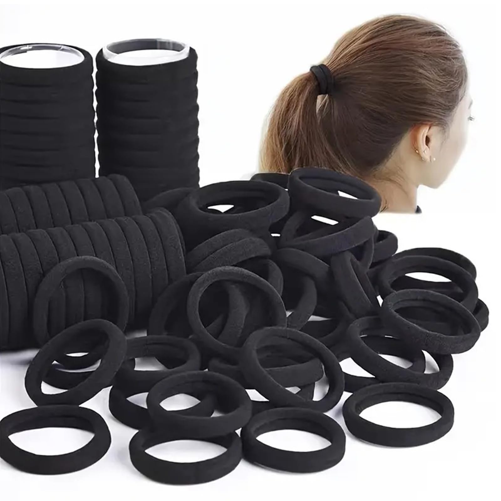 Set of 50 Black Hair Scrunchies, Soft Hair Scrunchies with Decorative Accents, E