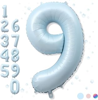 Big Number 9 Balloons, Light Sky Blue Foil 9 Balloon Numbers 40 Inch, Giant 9th Birthday Party Decor, Pastel Baby Matte Blue Mylar Helium Self Inflating Balloon for Boy Birthday Anniversary Decoration