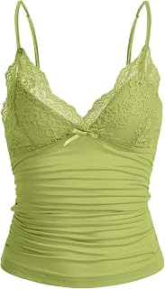 Naileksi - Y2k style thin straps tank top with lace, ruched V neck, bow and lace patchwork, fairy grunge spirit