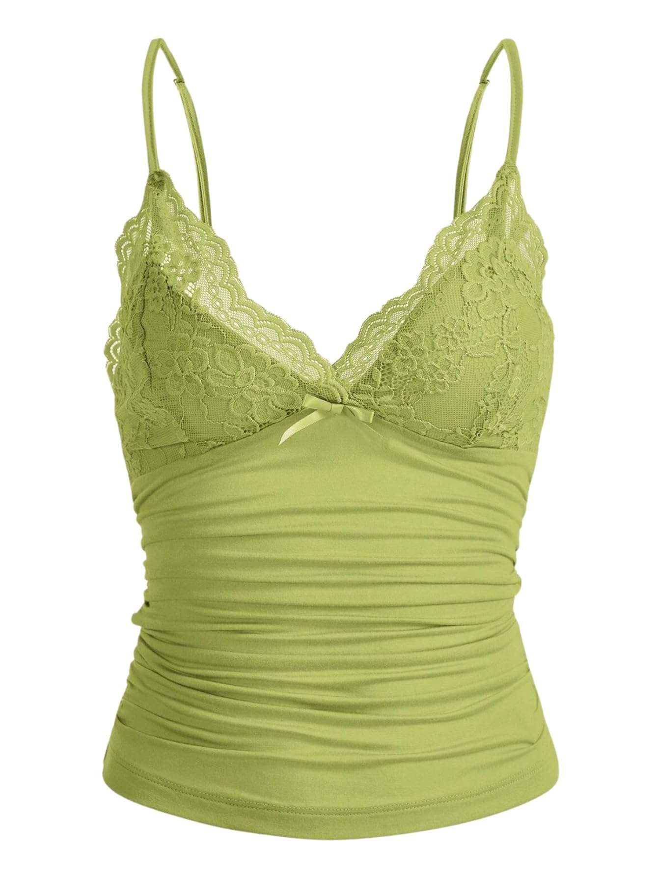 Naileksi - Y2k style thin straps tank top with lace, ruched V neck, bow and lace
