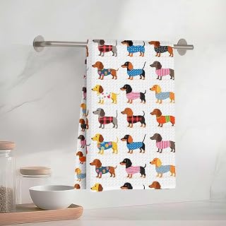 Colorful Dachshund Pattern Kitchen Towel, 13 x 23 Inches, Absorbent Microfiber Decorative Cloth Tea Towel, Waffle Hand Towel for Kitchen Home Bathroom, Gift for Dog Lovers