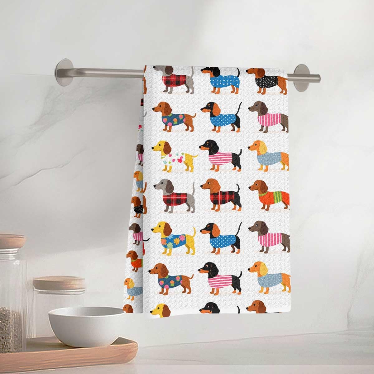 Colorful Dachshund Pattern Kitchen Towel, 13 x 23 Inches, Absorbent Microfiber D
