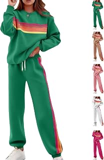 Rainbow Striped Tracksuit for Women, Crew Neck Sweatshirt and Wide Leg Pants Sets, Cute Striped 2 Piece Lounge Set