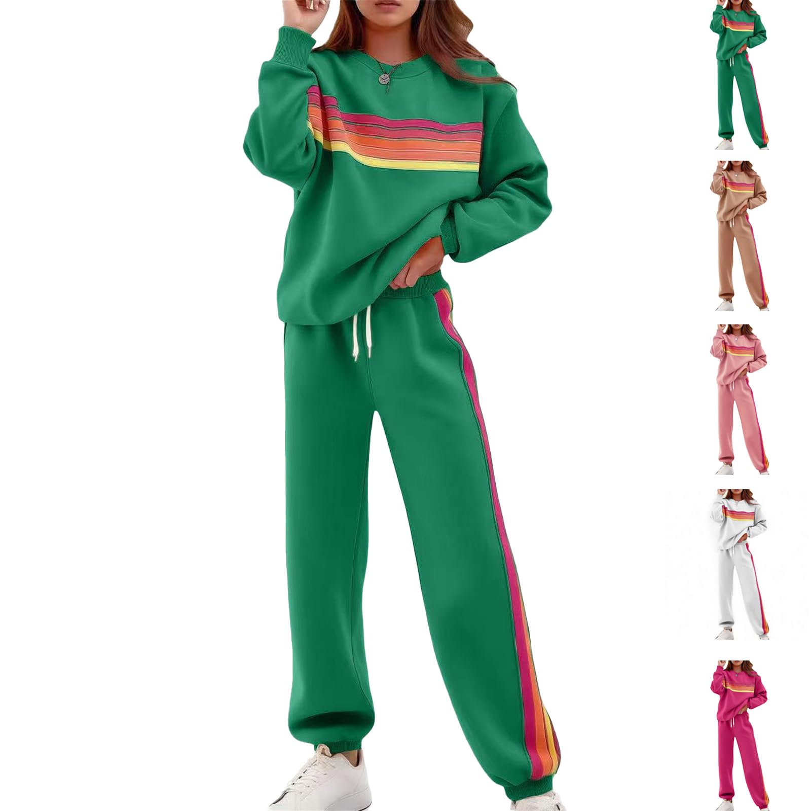 Rainbow Striped Tracksuit for Women, Crew Neck Sweatshirt and Wide Leg Pants Set