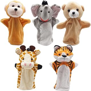 CreepyParty PUPPET, Soft Cotton Animal Hand Puppets Set for Kids, 5 Colorful ZOO Animals, Ages 3+