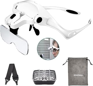 RIGHTWELL® Head Magnifier with Headband - LED Magnifying Glasses with 1X to 3.5X Zoom Hands Free for Hobbies, Reading, Close Work, Jewelry Work, Repair Work, Arts & Crafts -5 Detachable Lenses
