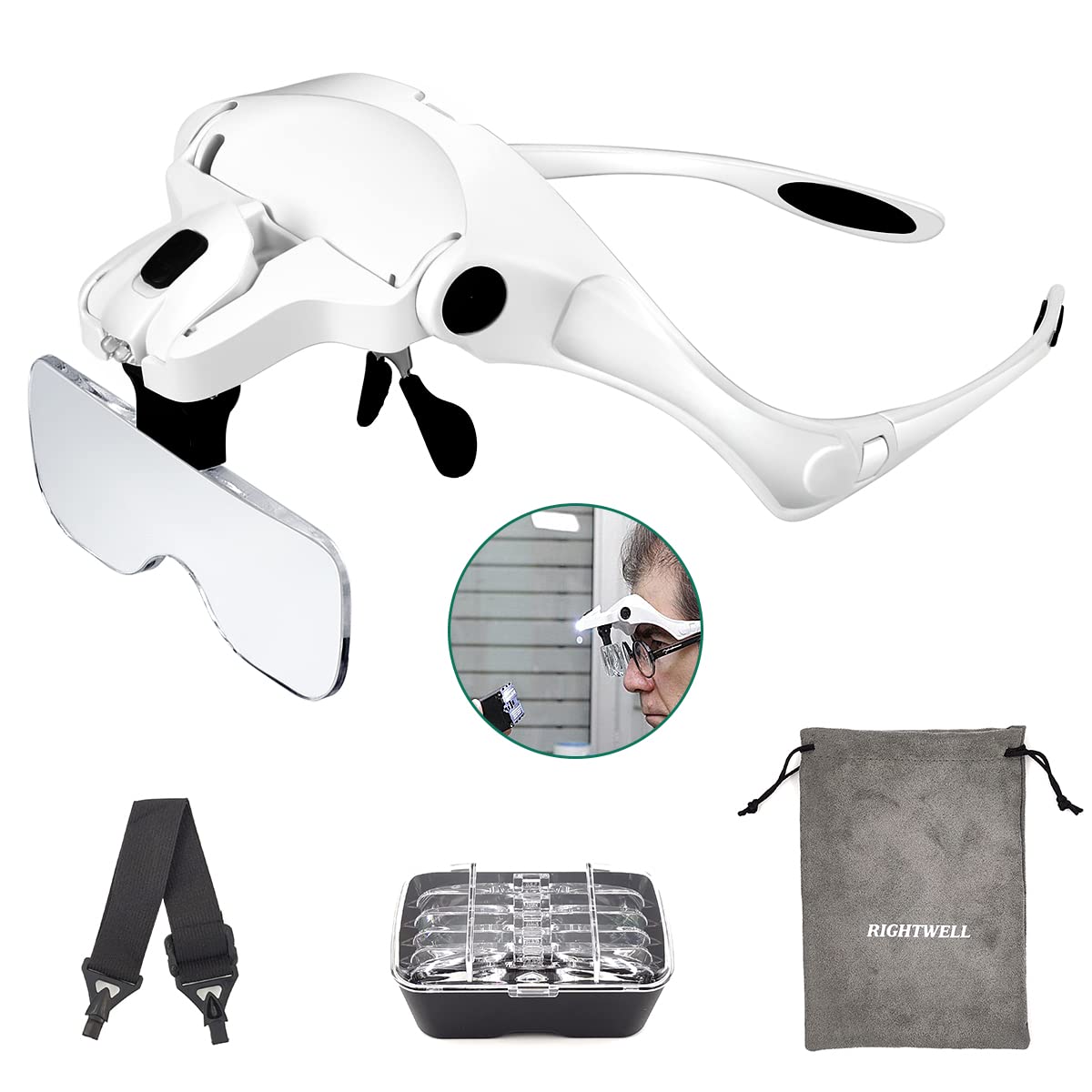 RIGHTWELL® Head Magnifier with Headband - LED Magnifying Glasses with 1X to 3.5X