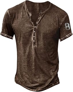 Mens Summer Henley T Shirt V Neck Short Sleeve Breathable Sports T-Shirt Cotton Slim Fit Vintage Streetwear