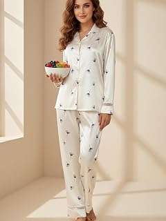 Women's Long Sleeve Button Down Satin Sleepwear 2 Piece Pajama Set