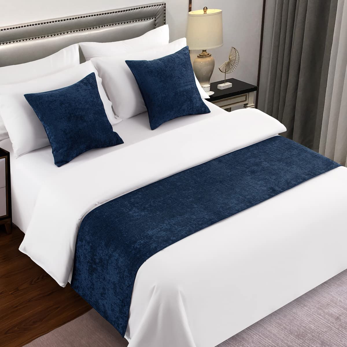 AMBERIS Bed Runner Dark Blue, Chenille Soft No Fading Modern Bed Scarf (Pillowca
