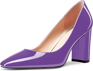 NobleOnly Women's High Chunky Wide Heel Square Closed Toe Slip-on Pumps Classic Cute Dress Shoes