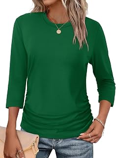 WIHOLL Womens 3/4 Length Sleeve Tops Crewneck Ruched Summer Shirts 2026 Business Casual Outfits Blouses Spring Clothes