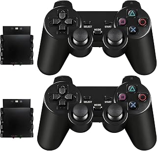 PS2 Controller,2 Pack 2.4GHz Wireless Controller for PS2/PS2 Slim/PS1 | Wireless PS2 Replacement Controller, Double Vibration, Black