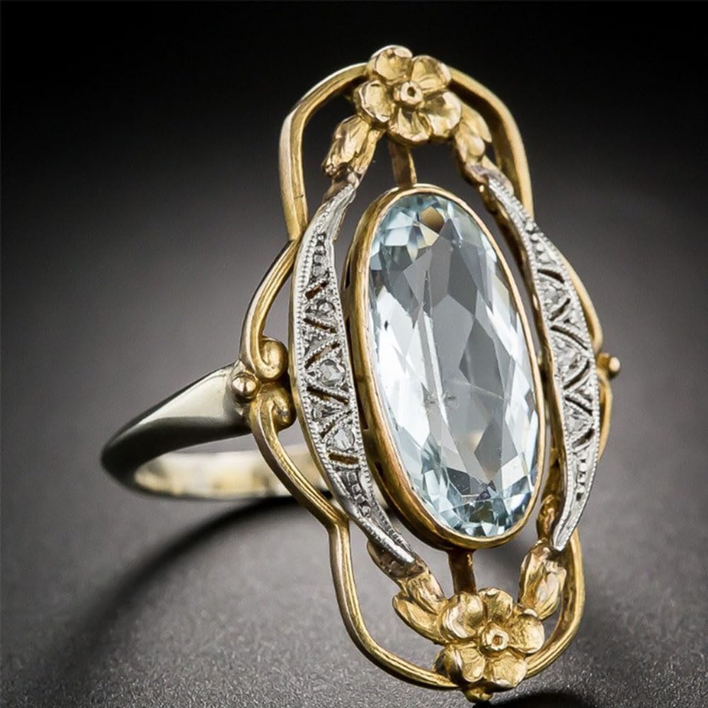 Bague plaquée or ovale en oxyde de zirconium incrusté de fleurs creuses vintage 