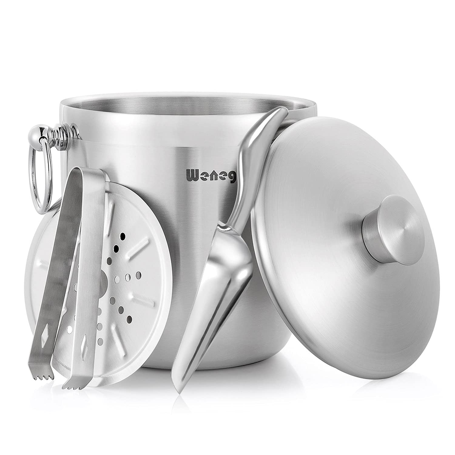 Ice Bucket with Lid, Scoop, Tongs and Strainer - Well Made Insulated Stainless S