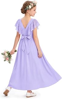 Haloumoning Girls Lace Ruffle Sleeve Crewneck A-Line Maxi Dress with Belt