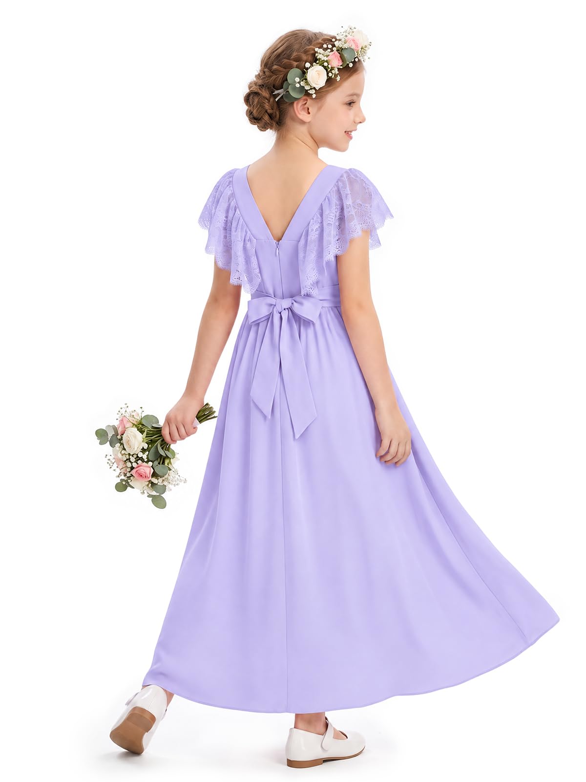 Haloumoning Girls Lace Ruffle Sleeve Crewneck A-Line Maxi Dress with Belt