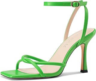 HDEUOLM Women's Stiletto High Heel Square Toe Cap Sandals Ankle Strap Prom Party Dress 10cm Heels