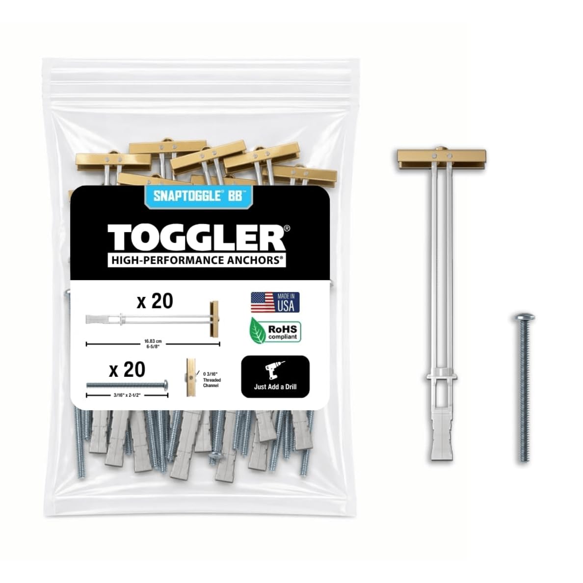 TOGGLER SNAPTOGGLE Drywall Anchors with 1/4-20 Bolts, 20 Pack | Heavy-duty drywa