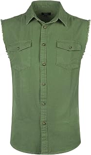 Men's Sleeveless Denim/Cotton Western Shirt Biker Vest 2 Front Pockets