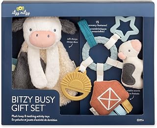 Itzy Ritzy Farm Toy Gift Set - Includes Cow Lovey & Farm-Themed Busy Ring | Car Seat And Stroller Toy Features Crinkle Sounds, Engaging Textures & Silicone Teething Relief For Sensory Play On The Go