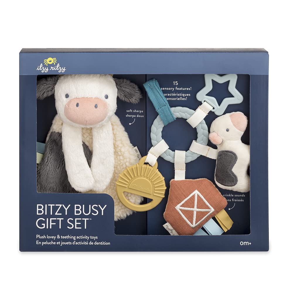 Itzy Ritzy Farm Toy Gift Set - Includes Cow Lovey & Farm-Themed Busy Ring | Car 