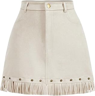 WDIRARA Womens Faux Suede Tassel Skirts High Waisted A-Line Mini Short Skirts