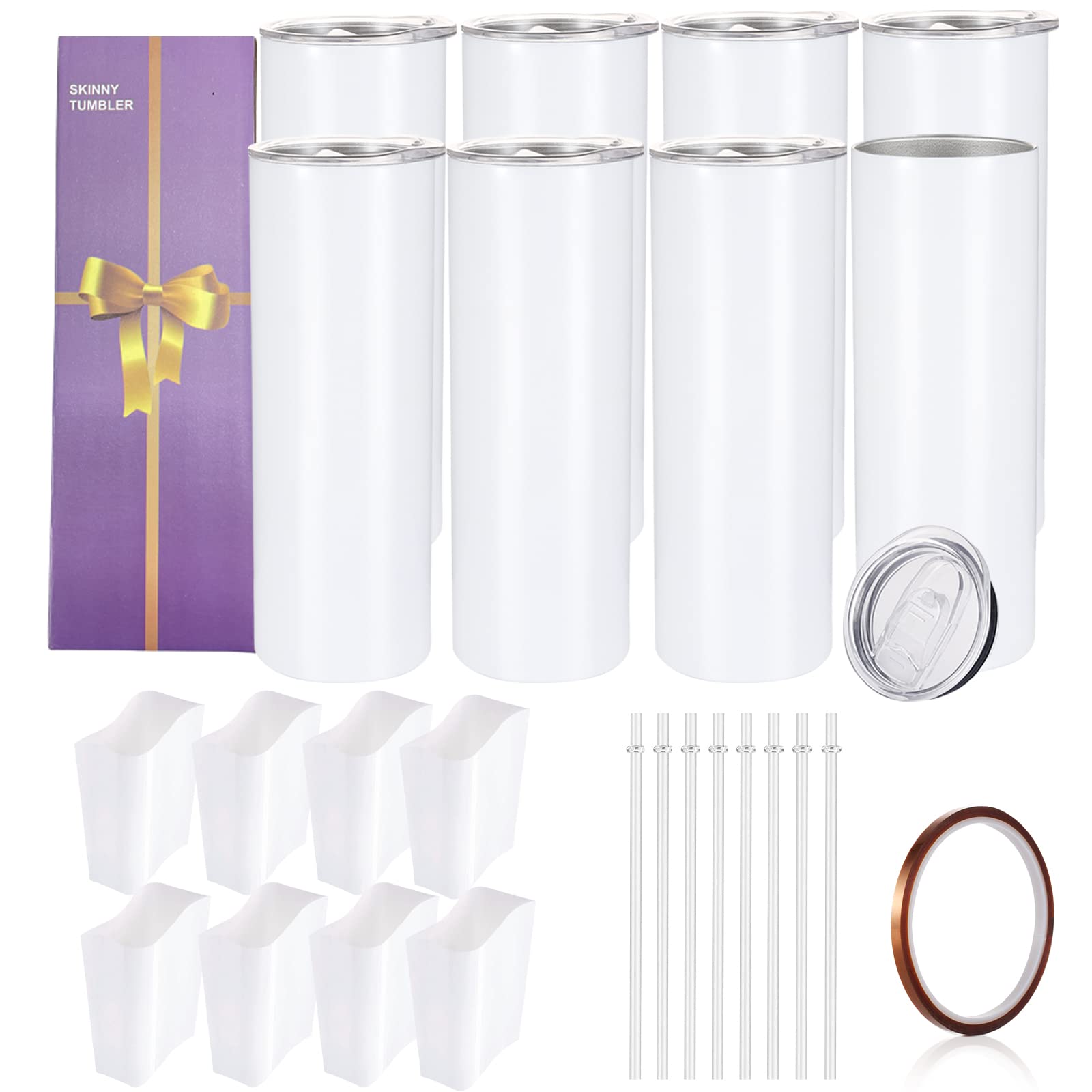 YOUKE OLA 8 Pack Sublimation Tumblers Bulk 20oz White Straight Blank Tumbler for