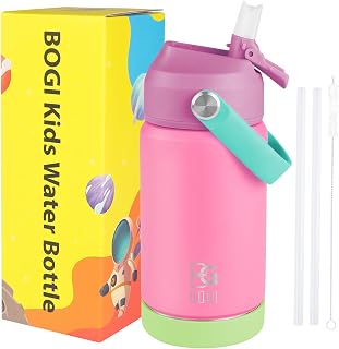 BOGI Metal Water Bottle with Straw, 350ml Stainless Steel Water Bottle for School Leak Proof Insulated Water Bottle Keep Drinks 12h Hot & 24h Cold | MPink