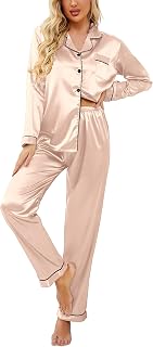 Ekouaer Satin Pajamas for Women Long Sleeve Pajamas Set Button Down Sleepwear V Neck Sleepwear Two-Piece Sets Home Suit