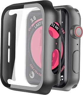 Langboom Screen Protector Case for Apple Watch SE3/SE2/SE/Series 6/5/4 44mm | 2-Pack Hard Black Cover with HD Scratch Resistant Tempered Glass for SE3/SE2/SE/Series 6/5/4, Lightweight Overall Protection