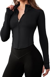 AVGO Workout Jacket for Women Zip Up Cropped Running Athletic Yoga Gym Tops | Thumb Holes, Snatched Waist, Curved Hem, BBL Effect, Long Sleeve, Full Zip, Lightweight, Yoga, Running, Gym, Training