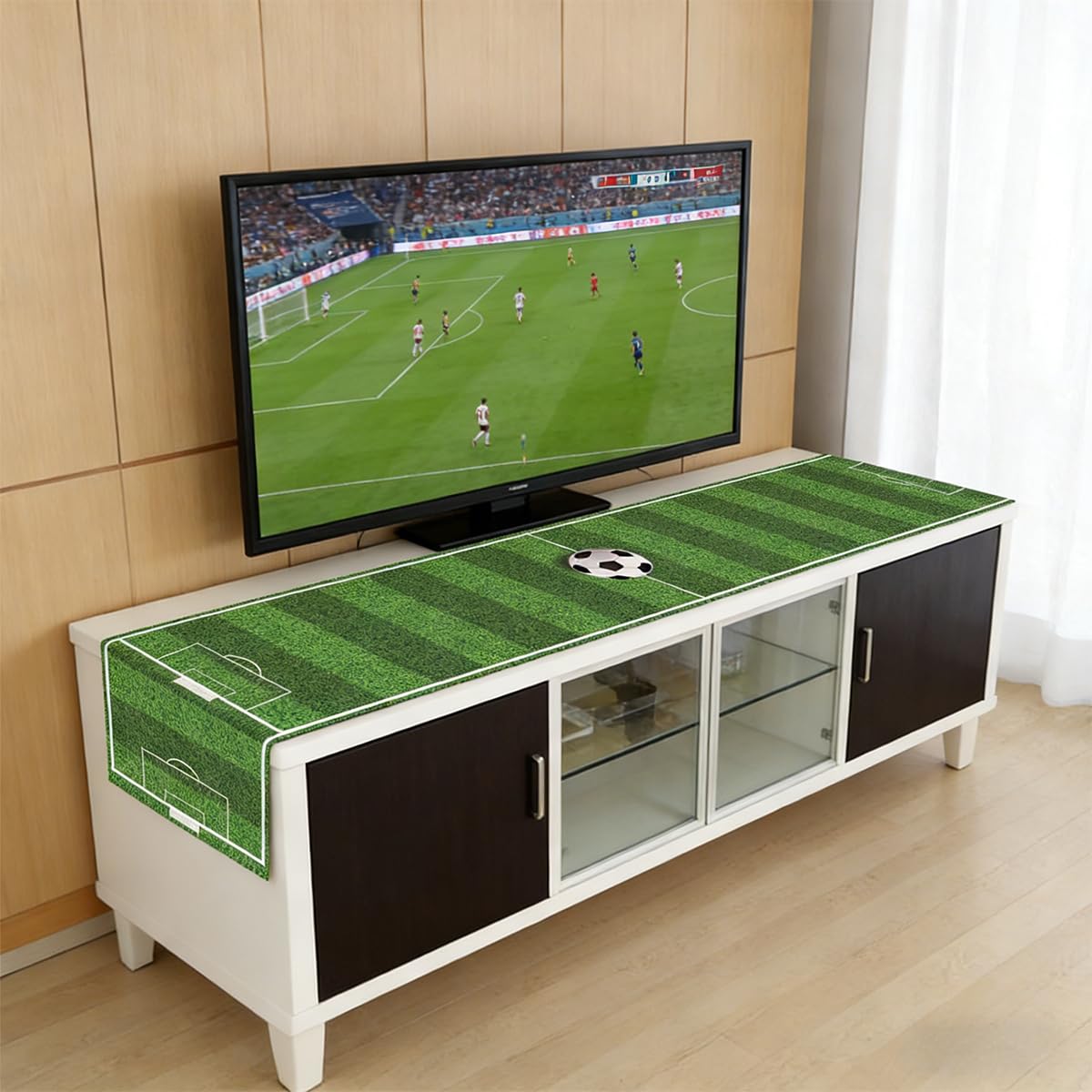 Soccer Field Table Runner, Green Football Pitch Design Table Runner, Polyester T