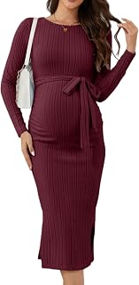 guruixu Crewneck Maternity Sweater Dress Rib Knit Long Sleeve Slit Pregnancy Dress Clothes with Belt