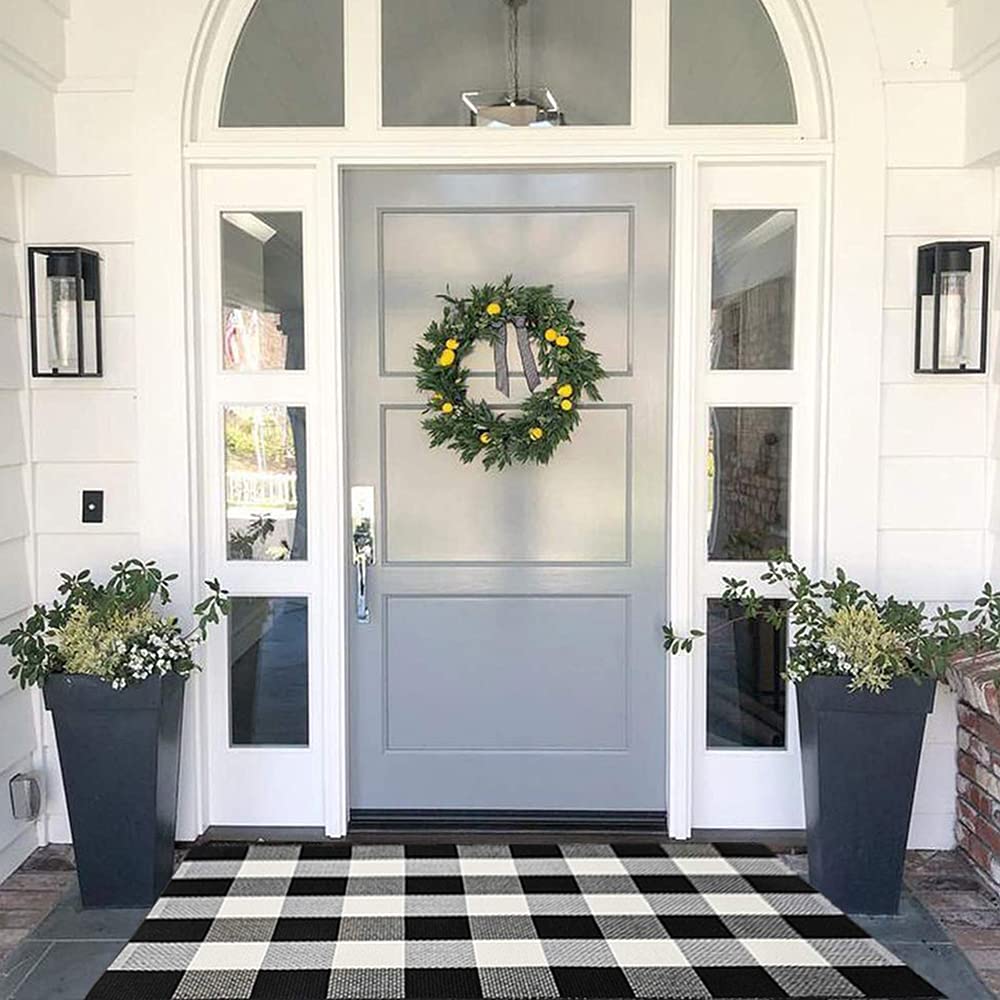 MUBIN Cotton Buffalo Plaid Rug, 27.5x43 Black and White Outdoor Rug Front Door D