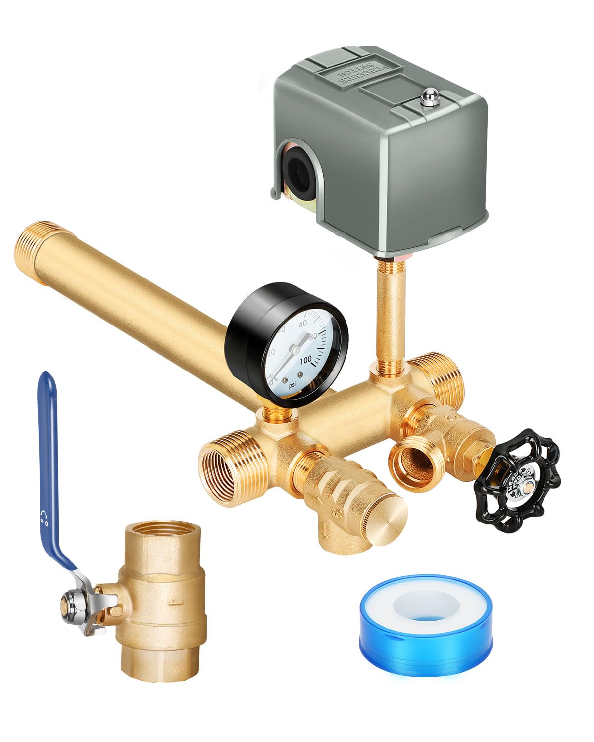 Miumoon 1"x 11" Well Pressure Tank Tee Kit with 40-60Psi Pressure Switch | Ball 