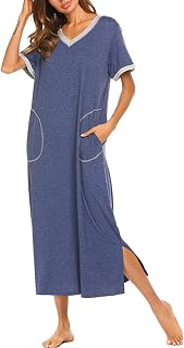 rismart Women's Nightgown Pyjamas Dress Short Sleeve Ankle Length Clothes with Pockets