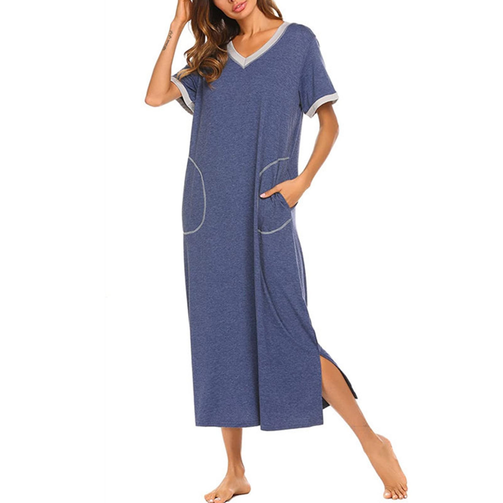 rismart Women's Nightgown Pyjamas Dress Short Sleeve Ankle Length Clothes with P