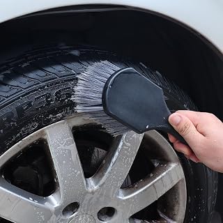 Wheel & Tyre Brush for Car Rims, Wash Brush with Soft Bristles, Tire Cleaning & Removes Road Dirt & Grime, Short Handle for Easy Cleaning, Black (20.5 X