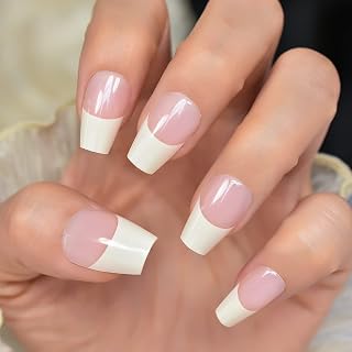 Medium Coffin Press On Nail Pink White French Fake Nail Polish Full Cover False Nail Kit for Women - 24pcs/set