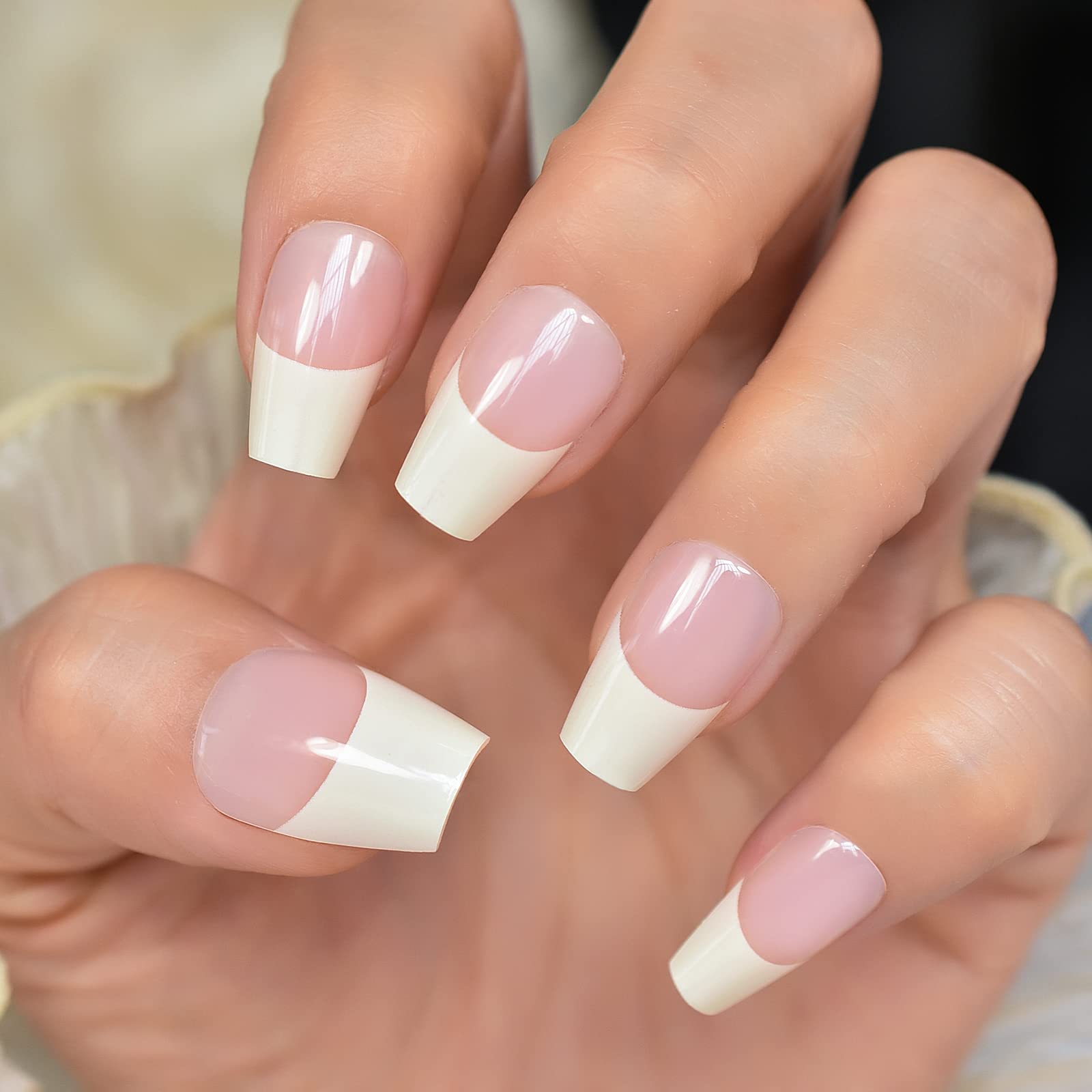 Medium Coffin Press On Nail Pink White French Fake Nail Polish Full Cover False 