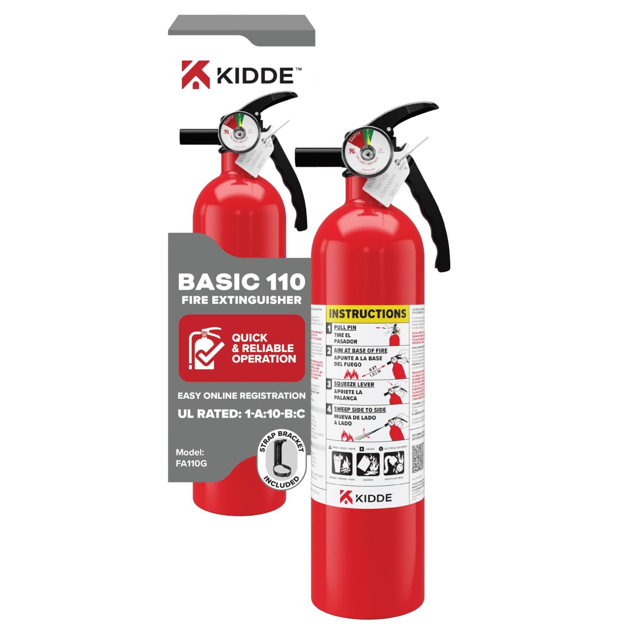 Kidde Basic 110 Fire Extinguisher for Home, 1-A:10-B:C, FA110G, 1 Pack | Residen
