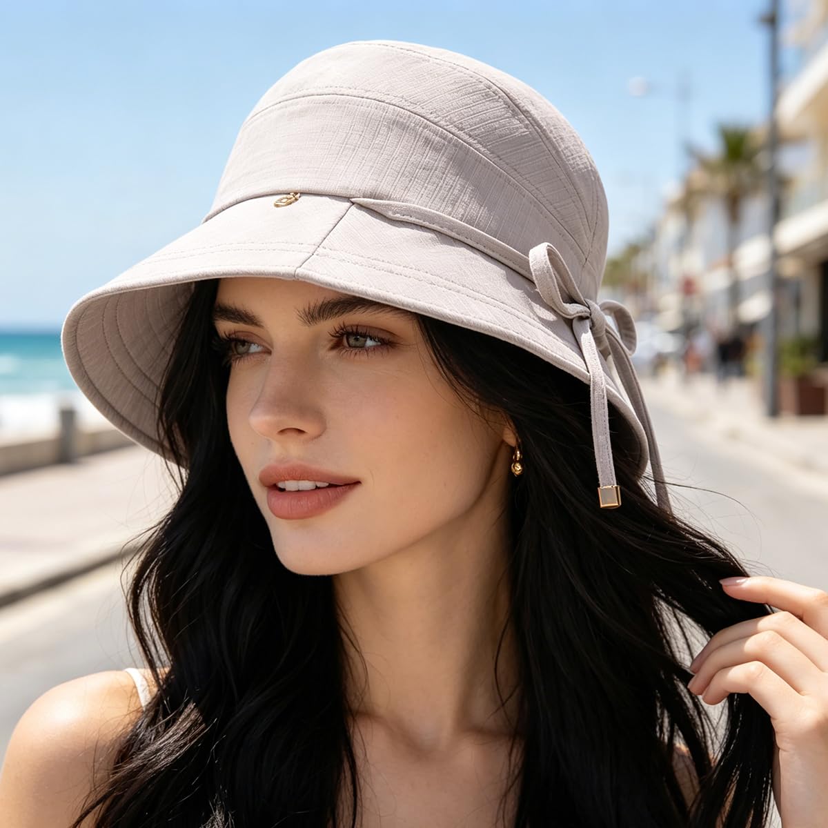 Bucket Sun Hat for Women Bow Knot Wide Brim Circumference Foldable Summer Beach 