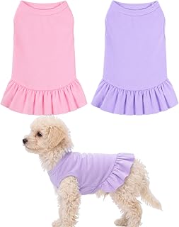 2 Pack Dog Dresses Breathable Ruffle Design Skirt Chihuahua Girl Dog Clothes for Small Dogs & Cats DIY Party Outfits (Pink,Purple, Medium)