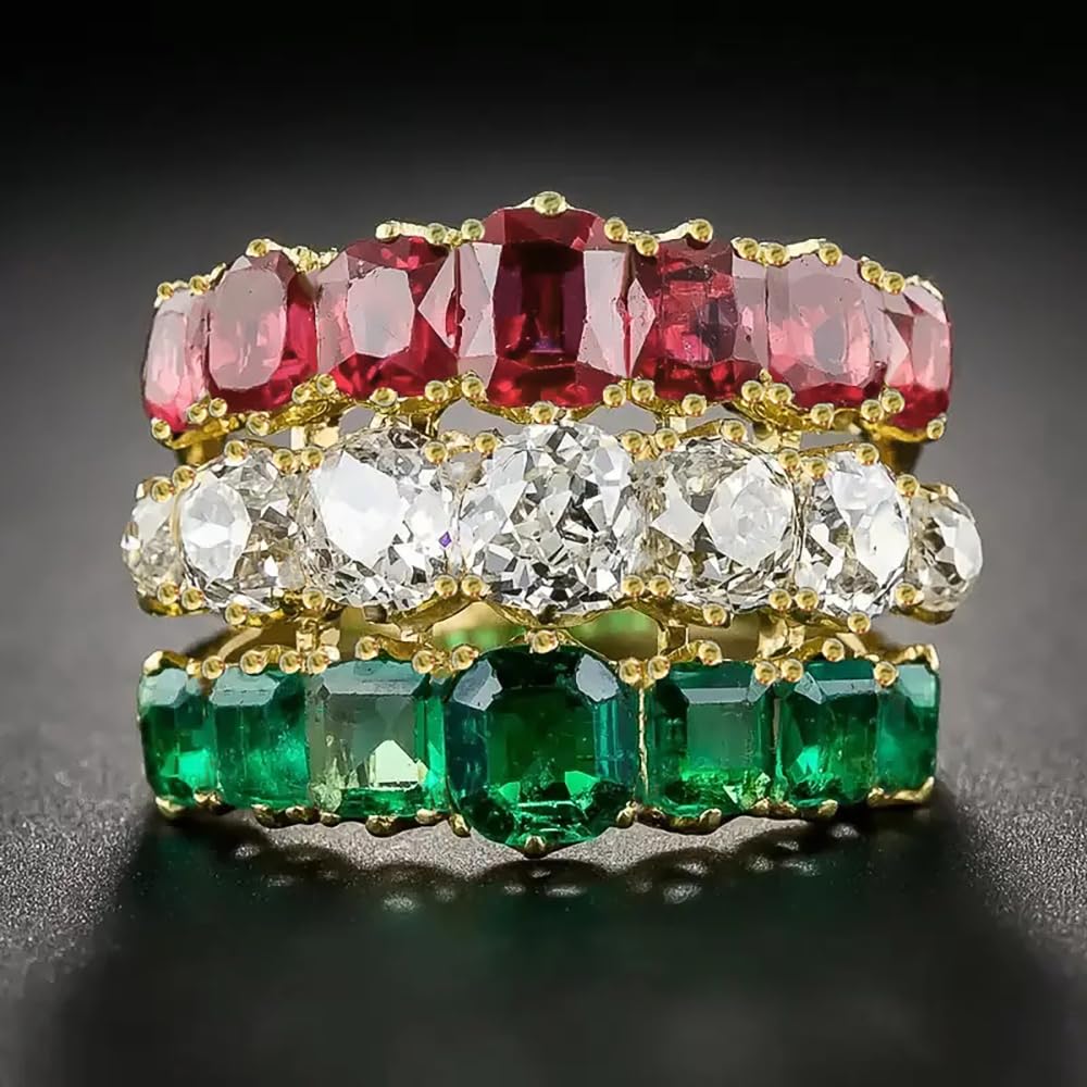 Women's 3 Row Half Circle Cubic Zirconia Ring - Wide Band with Red/White/Green C