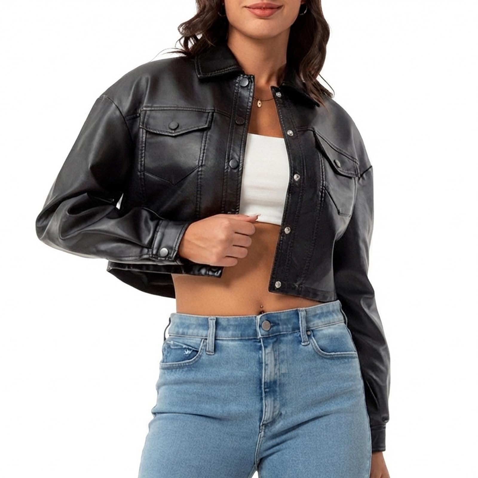 Women Faux Leather Cropped Jacket Trendy Moto Biker Short Jacket Fashion PU Coat