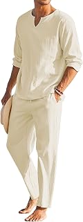 COOFANDY Men's 2 Pieces Cotton Linen Set Henley Shirt Long Sleeve and Casual Beach Pants Summer Yoga Outfits