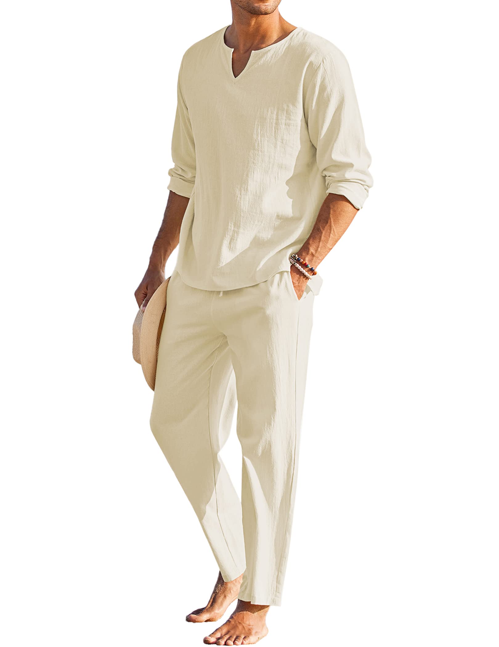 COOFANDY Men's 2 Pieces Cotton Linen Set Henley Shirt Long Sleeve and Casual Bea
